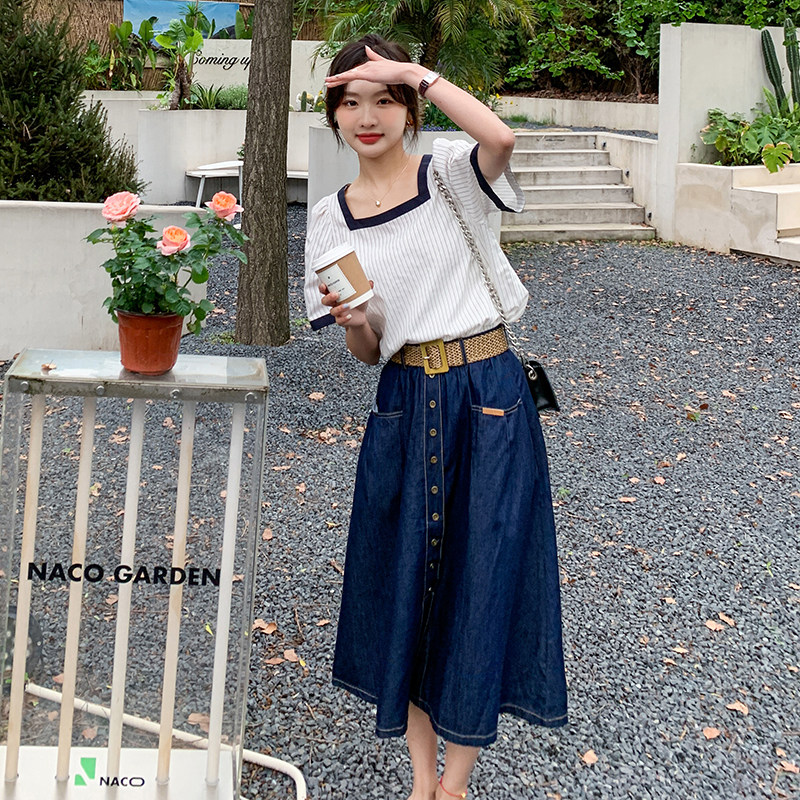 现货方领短袖配牛仔半身裙套装297-7963-P115-K168,女装套装/套裙,艾艾淮淮