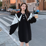 韩版甜美撞色娃娃领连衣裙女2025春秋季新款法式宽松显瘦减龄短裙，女装连衣裙，艾艾淮淮
