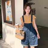 现货条纹T+背带阔短裤套装297-232-P115-K168，女装连衣裙，艾艾淮淮