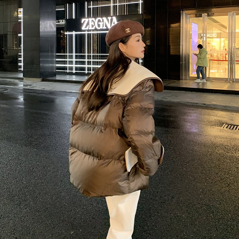 咖色拼接大翻领设计感羊羔毛羽绒服外套女2025冬季新款韩系面包服,女装羽绒服,艾艾淮淮