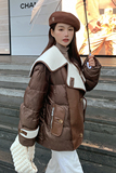 咖色拼接大翻领设计感羊羔毛羽绒服外套女2025冬季新款韩系面包服，女装羽绒服，艾艾淮淮