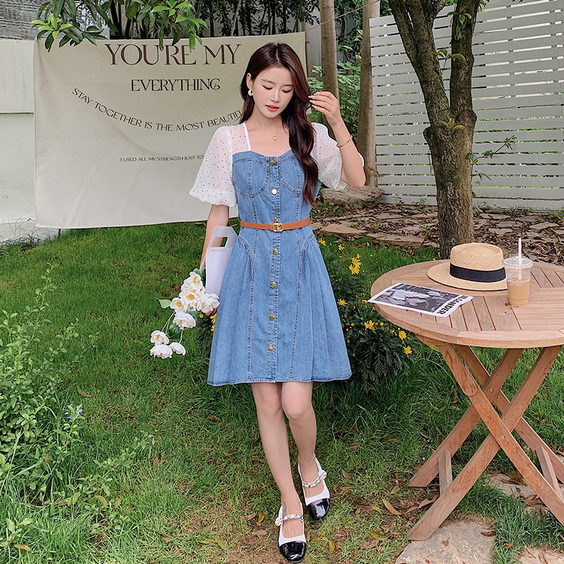 现货夏季泡泡袖单排扣甜美牛仔连衣裙297-181-P125-K178,女装连衣裙,艾艾淮淮