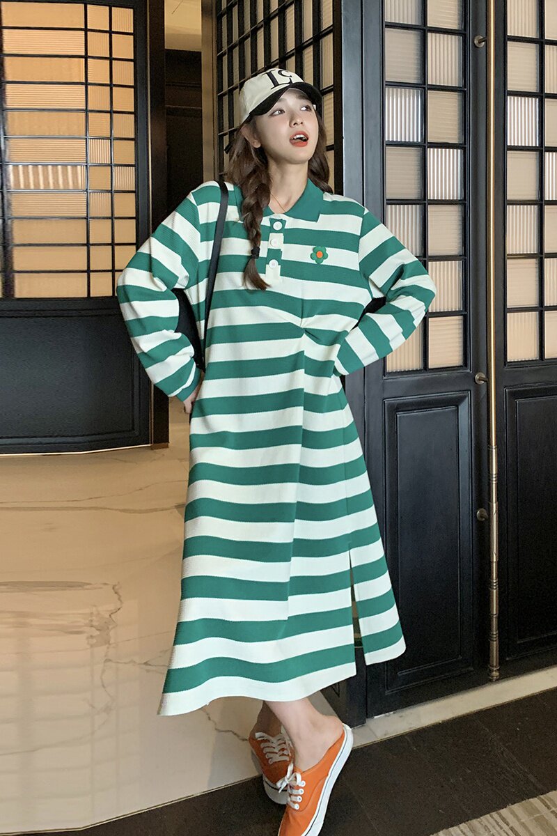现货POLO领长款条纹宽松卫衣连衣裙297-8033,女装连衣裙,艾艾淮淮