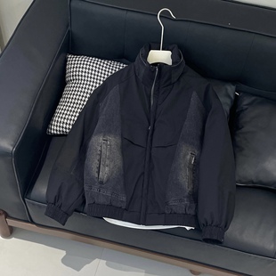 SU冬季美式复古牛仔拼接立领羽绒服男宽松廓形白鸭绒面包服外套