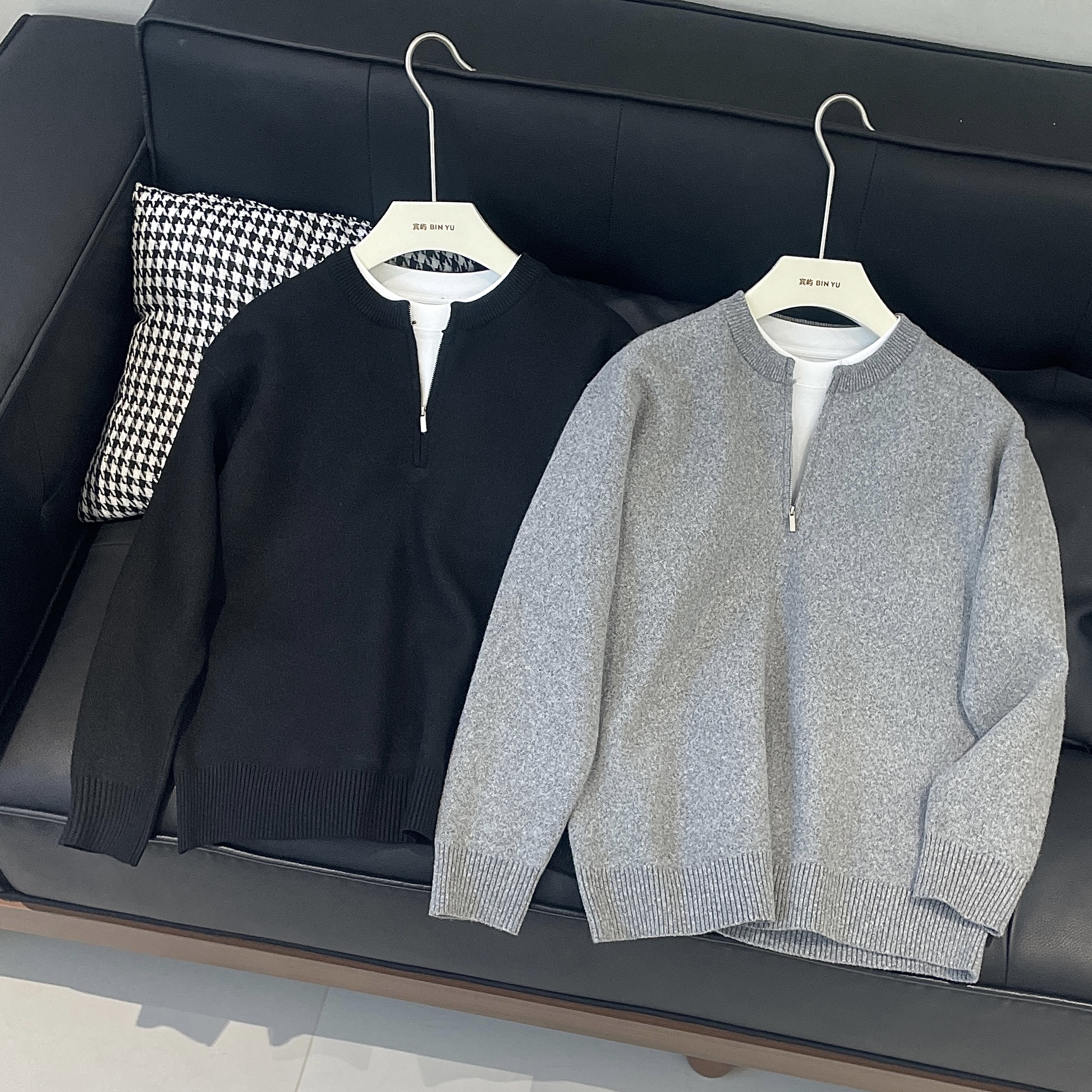 众库冬季韩系休闲假两件翻领针织衫男宽松痞帅保暖套头毛衣打底衫