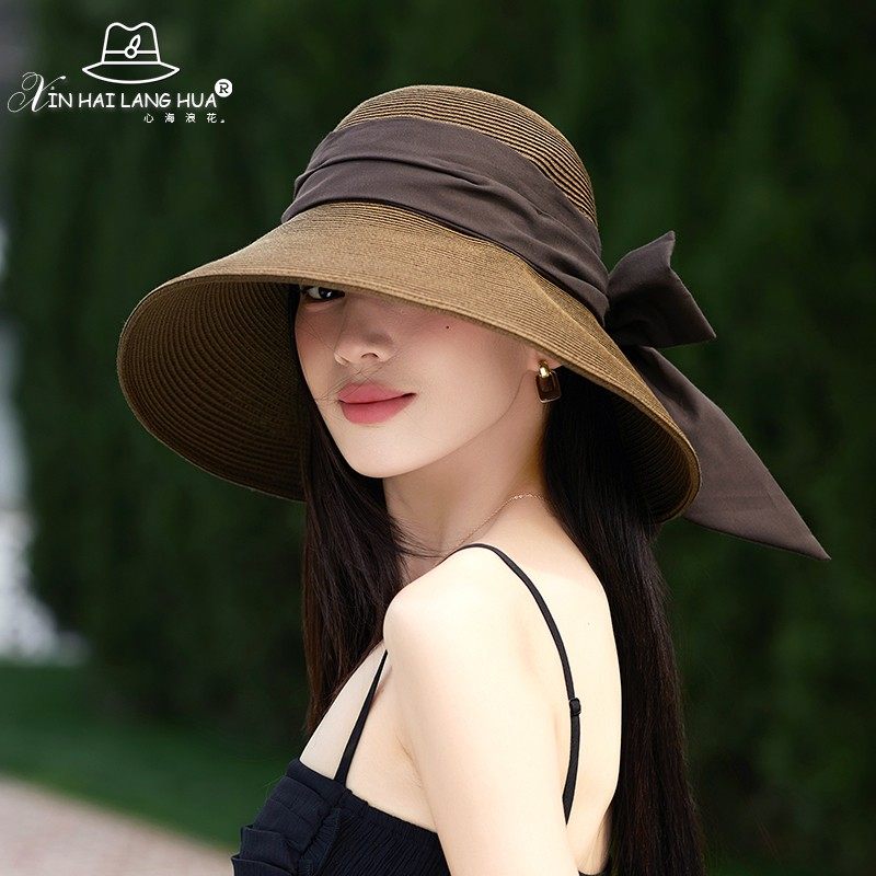 春夏季大檐草帽女遮阳防晒出游蝴蝶结太阳帽子优雅时尚可折叠气质