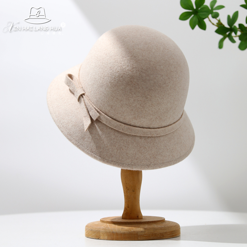 赫本风羊毛呢渔夫帽子女秋冬季复古英伦圆顶礼帽优雅气质时尚盆帽