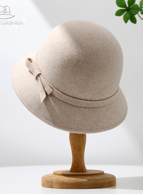 赫本风羊毛呢渔夫帽子女秋冬季复古英伦圆顶礼帽优雅气质时尚盆帽