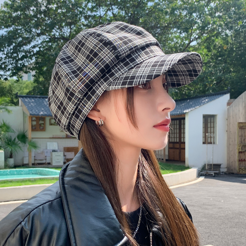 秋冬新款鸭舌八角帽子女季韩版显脸小百搭贝雷帽格子画家帽0906z