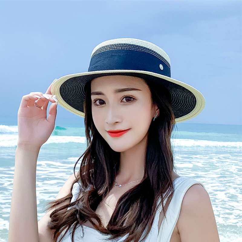韩国平顶休闲沙滩草帽女春夏季遮阳礼帽爵士宽檐出游百搭太阳帽子