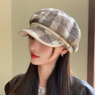 八角帽子女春秋季冬天日系毛呢百搭报童帽英伦格子鸭舌画家贝雷帽