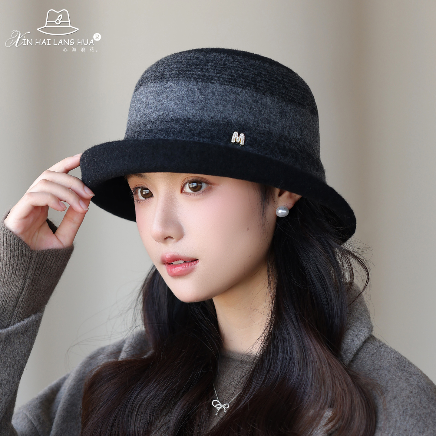 渔夫帽子女秋冬季韩版时尚百搭羊毛呢保暖帽出游防寒护耳卷边盆帽