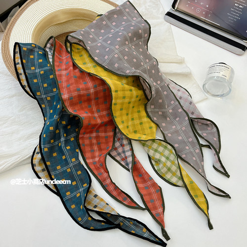 空调房2026夏季文艺草绿黄格纹丝巾女双面三角巾棉质领巾脖子配饰