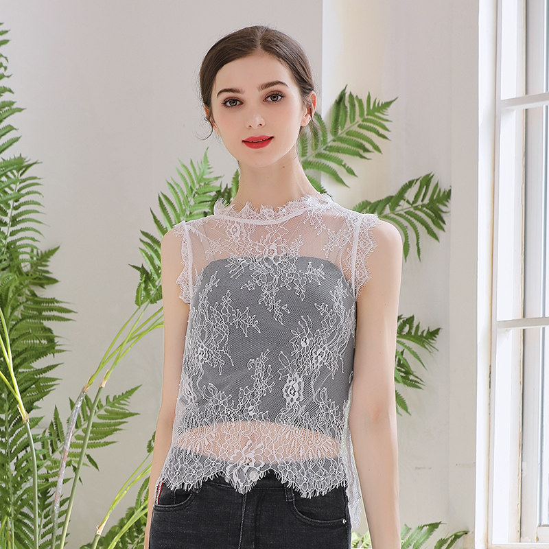 2021夏秋短款打底无袖蕾丝衫仙女镂空性感超仙设计感心机内搭上衣