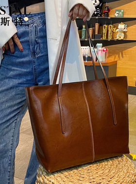 WESTAL新款植鞣真皮女士托特包大容量牛皮女款单肩包简约复古包包