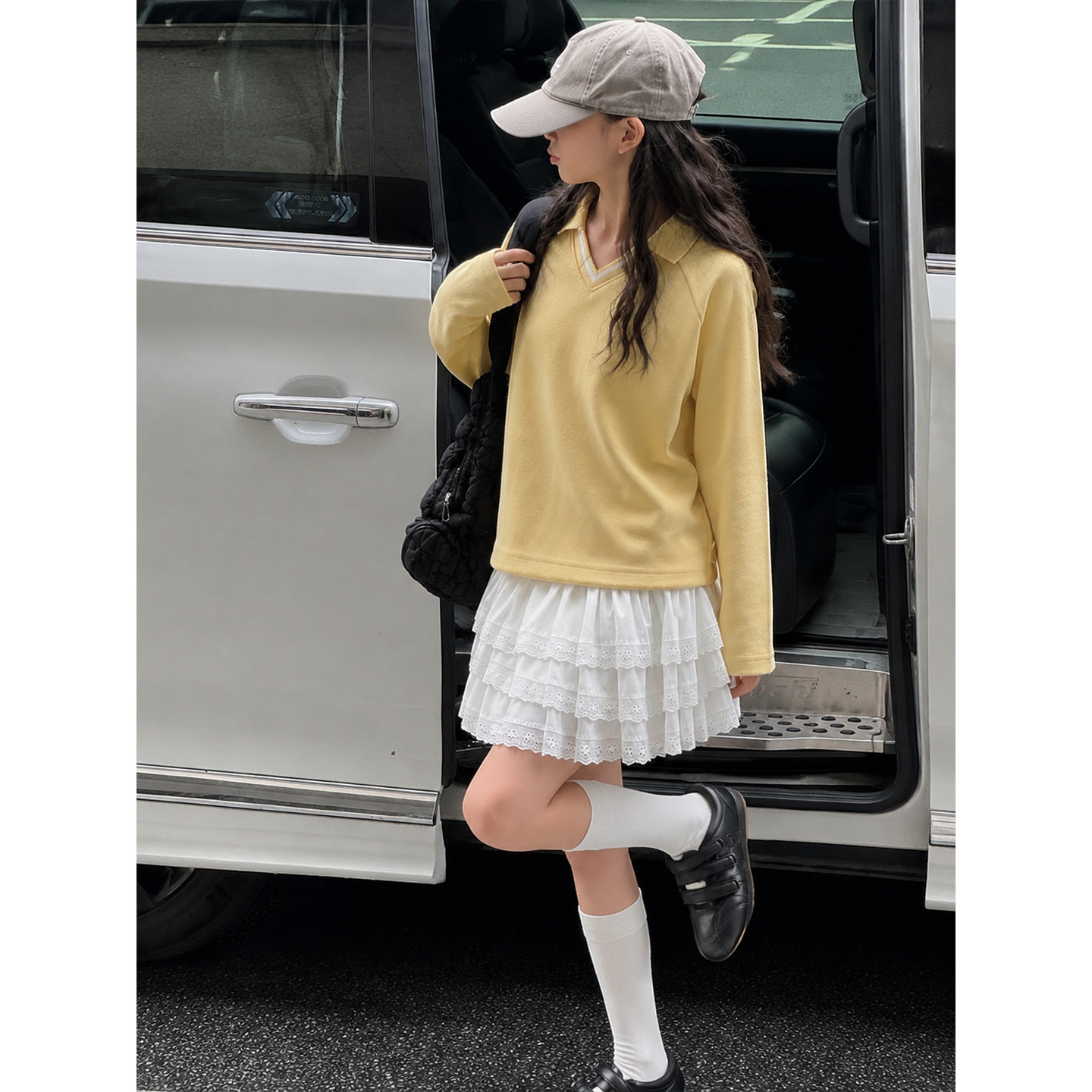 壹妈女大童秋季套装初中女生韩系学院风黄色小翻领卫衣白色百褶裙