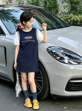 壹妈女大童学院风假两件连衣裙