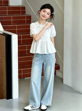 女大童高腰阔腿牛仔裤夏2026新款蓝色宽松纽扣牛仔百搭长裤两件套