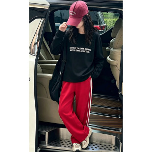 壹妈女大童韩系套装秋季中大童女生黑色字母长袖红色阔腿裤两件套