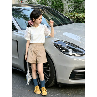 壹妈女大童休闲套装夏季中大童初中女生荷叶边上衣工装短裤两件套