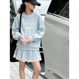 壹妈女大童套装秋季初中少女洋气休闲运动条纹长袖上衣蕾丝半身裙