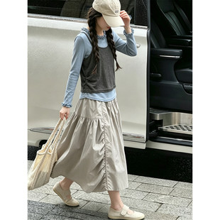 壹妈女大童早秋套装中大童学生花边领长袖上衣工装风长裙两件套