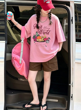 壹妈女中大童多巴胺穿搭套装夏新款超好看粉色t恤棕色短裤两件套