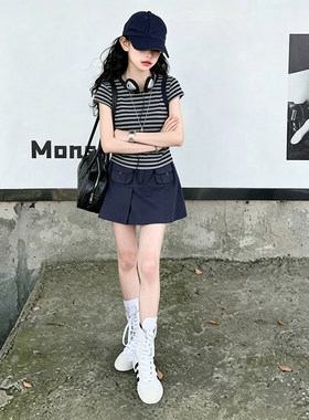 壹妈韩系休闲女童套装中大童条纹短袖工装半身短裙夏季百搭两件套