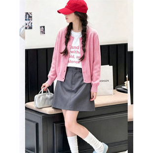 壹妈韩系少女套装早秋女大童学生温柔粉色毛衣开衫灰色短裙两件套
