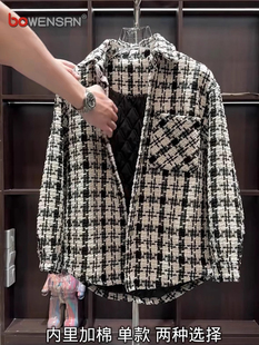 高级感小香风格子外套男士春秋冬季2025新款潮牌休闲夹克男款衬衫