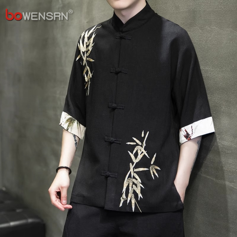 中国风亚麻短袖衬衫男士夏季2025新款唐装汉服新中式棉麻衬衣男款