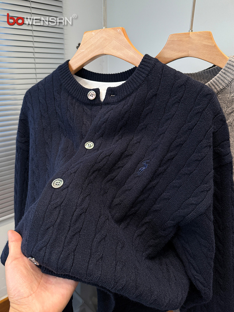 高端保罗针织开衫外套男士2025新款春秋冬季加厚圆领麻花毛衣男款