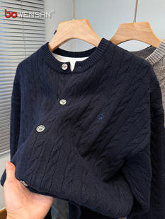 高端保罗针织开衫外套男士2025新款春秋冬季加厚圆领麻花毛衣男款