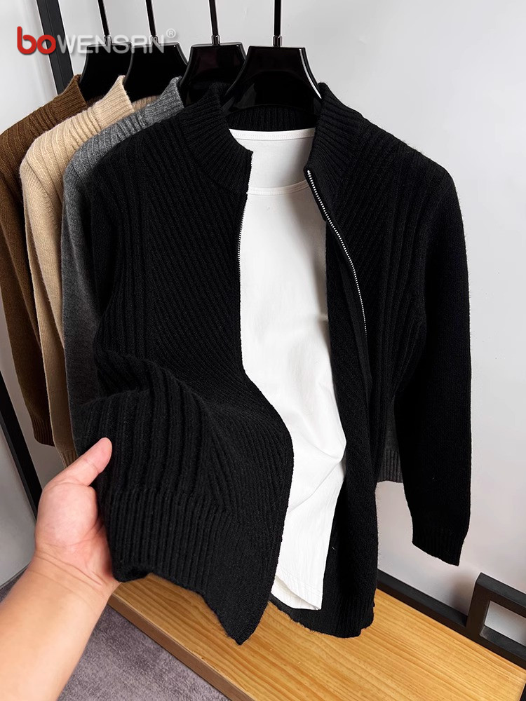 高端纽花针织开衫男士外套2025新款春秋冬季厚款立领毛衣夹克男款