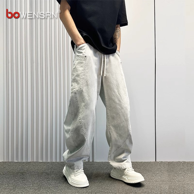 圆月弯刀牛仔裤男士2026新款夏季薄款男裤松紧腰阔腿工装裤子男款
