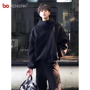 cleanfit黑色高领连帽开衫卫衣男士2025新款春秋冬季加绒外套男款