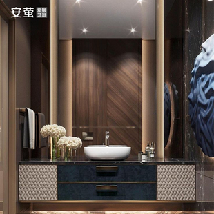 卫生间洗手脸面池组合 现代轻奢风浴室柜定制大理石洗漱台上盆法式