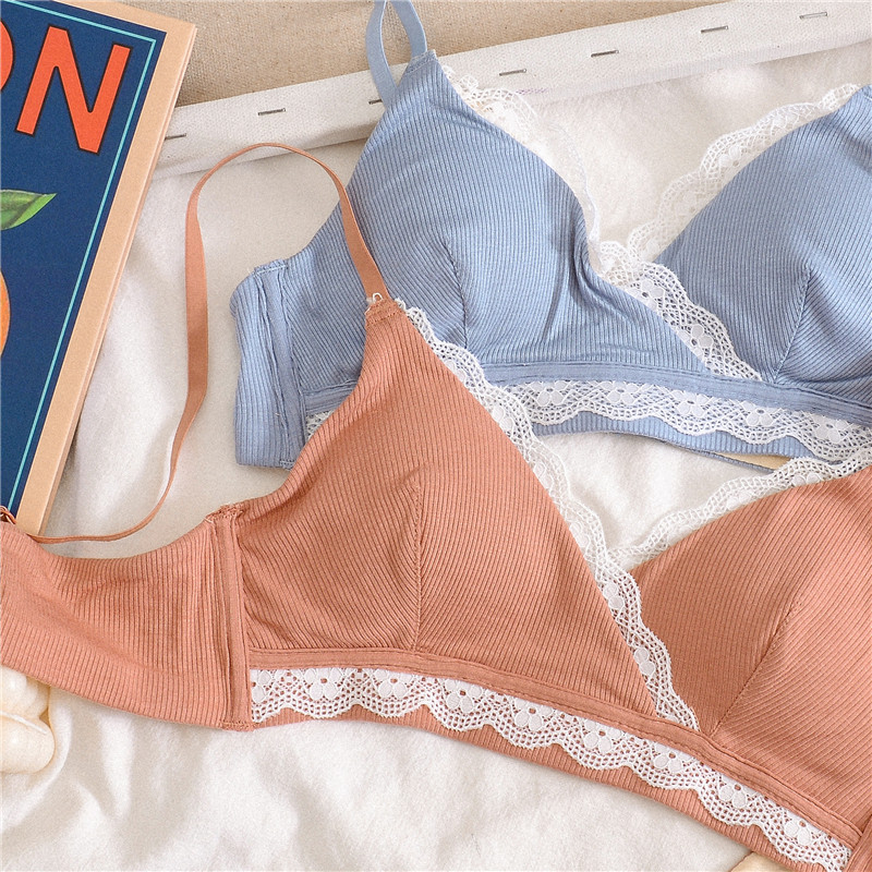miko 温柔a罩杯少女三角内衣小胸薄款蕾丝花边罗纹无钢圈文胸胸罩