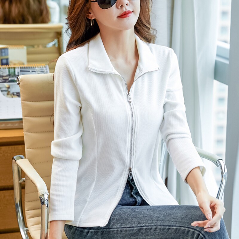 拉链开衫白色长袖t恤女装2026新款打底衫内搭修身翻领polo衫上衣