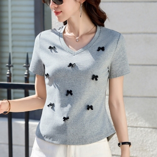 立体蝴蝶结v领短袖t恤女夏季款设计感法式纯欲风修身减龄灰色上衣