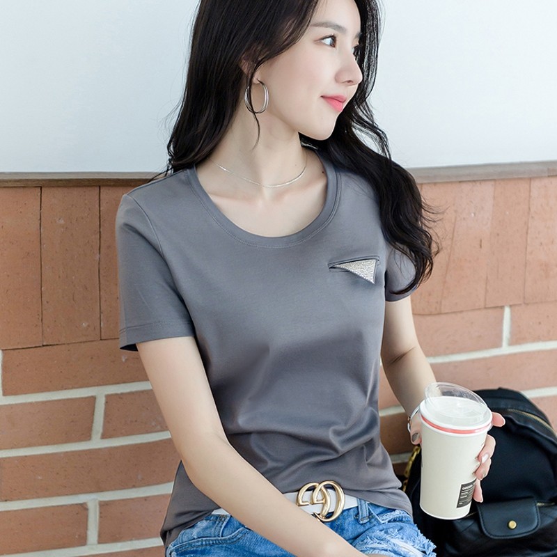 丝光棉短袖t恤女纯棉2026年新款夏季圆领修身t桖黑色纯色洋气上衣