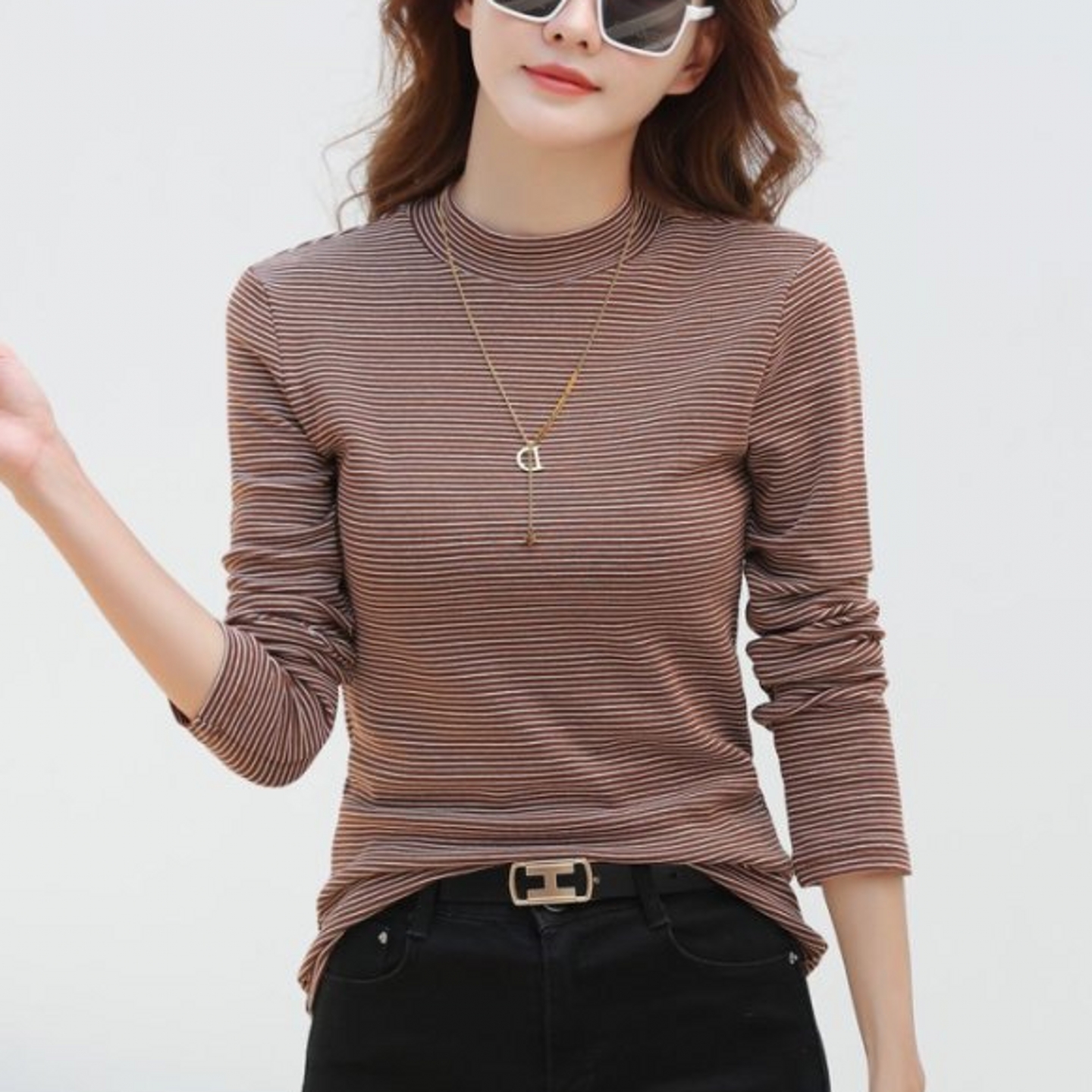 条纹半高领打底衫女内搭春秋冬新款长袖t恤百搭保暖中领上衣小衫