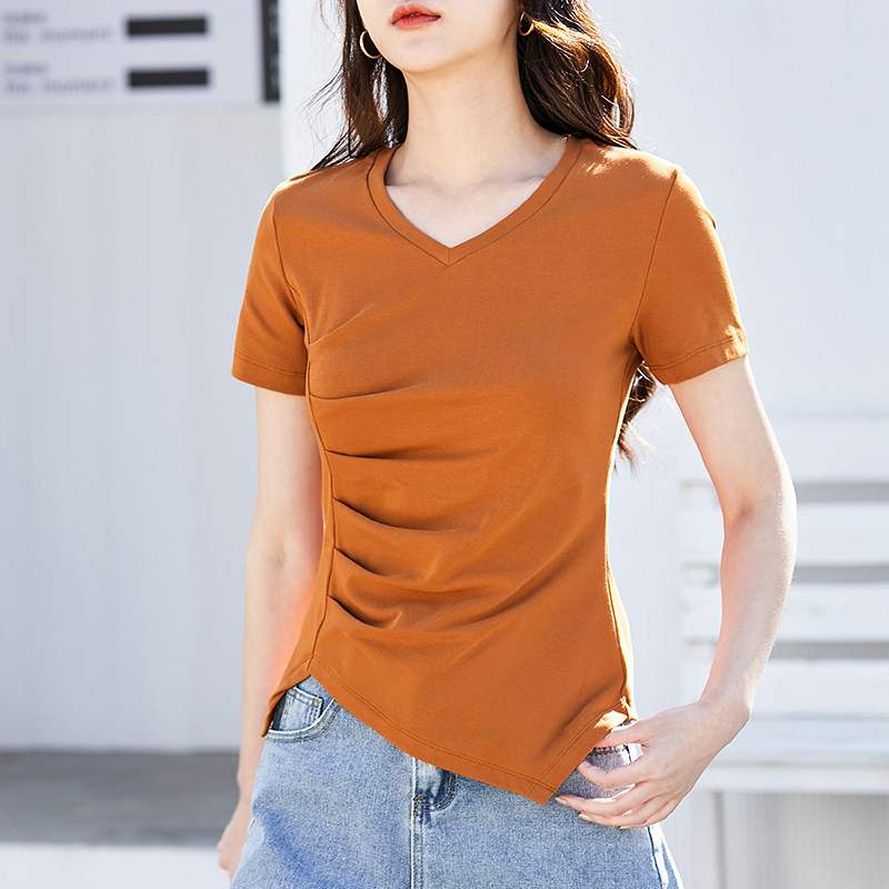 纯棉v领短袖t恤女2025新款夏季不对称修身收腰设计感洋气黑白上衣