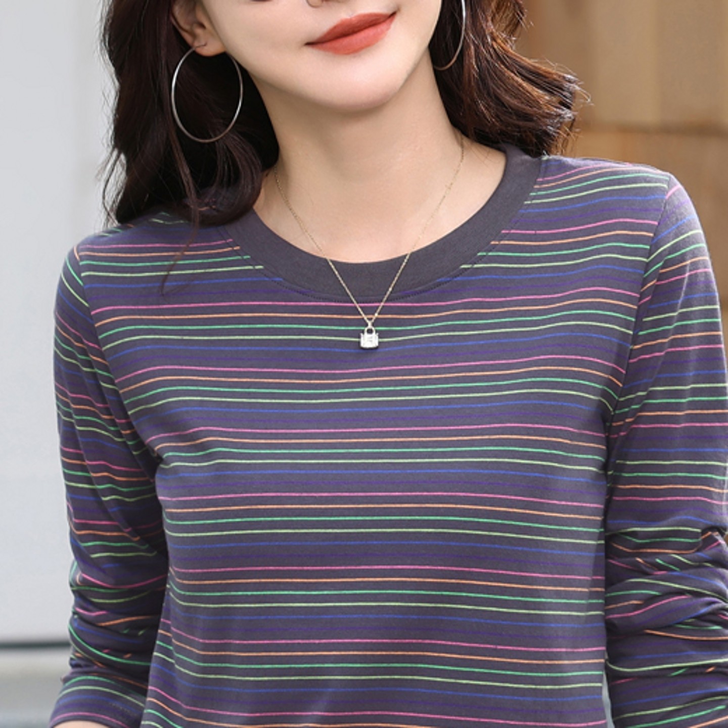 纯棉条纹长袖t恤女新款打底衫内搭春秋宽松大码显瘦洋气秋衣外穿