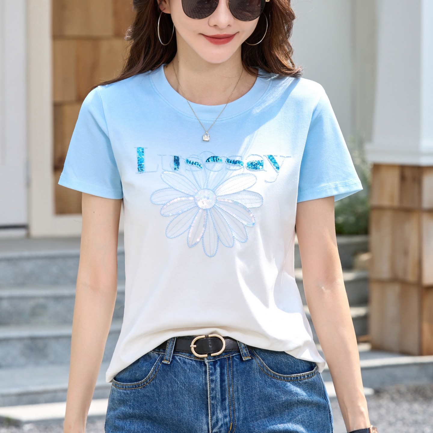 亮片刺绣纯棉短袖t恤女夏季新款设计感小众宽松减龄百搭正肩上衣