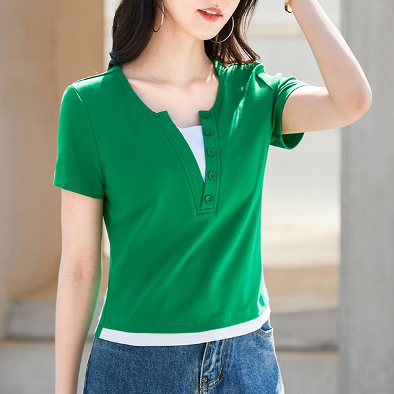 假两件v领短袖t恤女夏季2026新款纯棉时尚洋气小个子修身短款上衣
