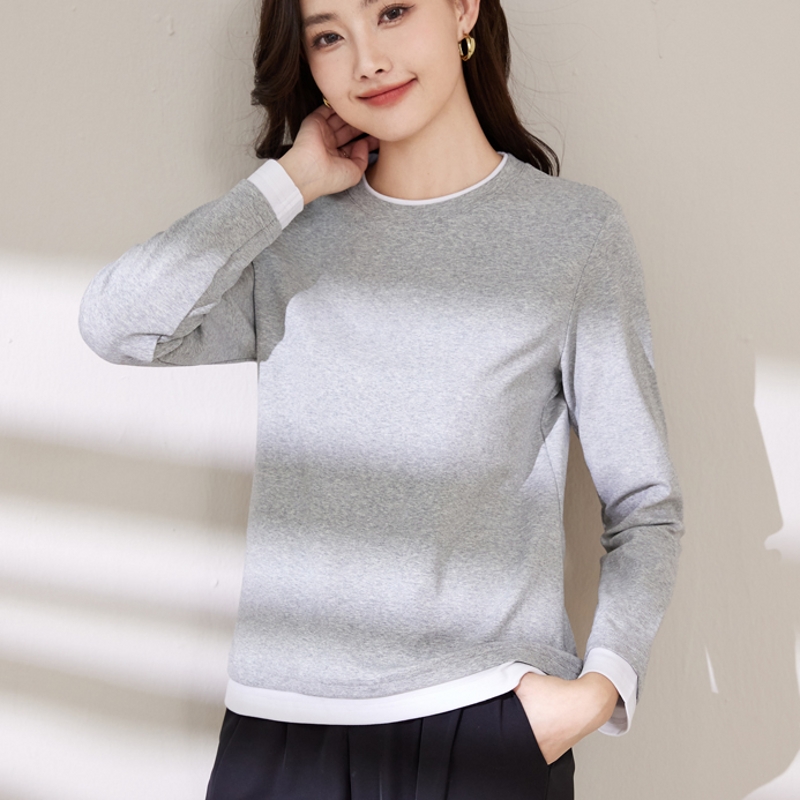 纯棉假两件长袖t恤打底衫女内搭春秋新款撞色可外穿百搭别致上衣