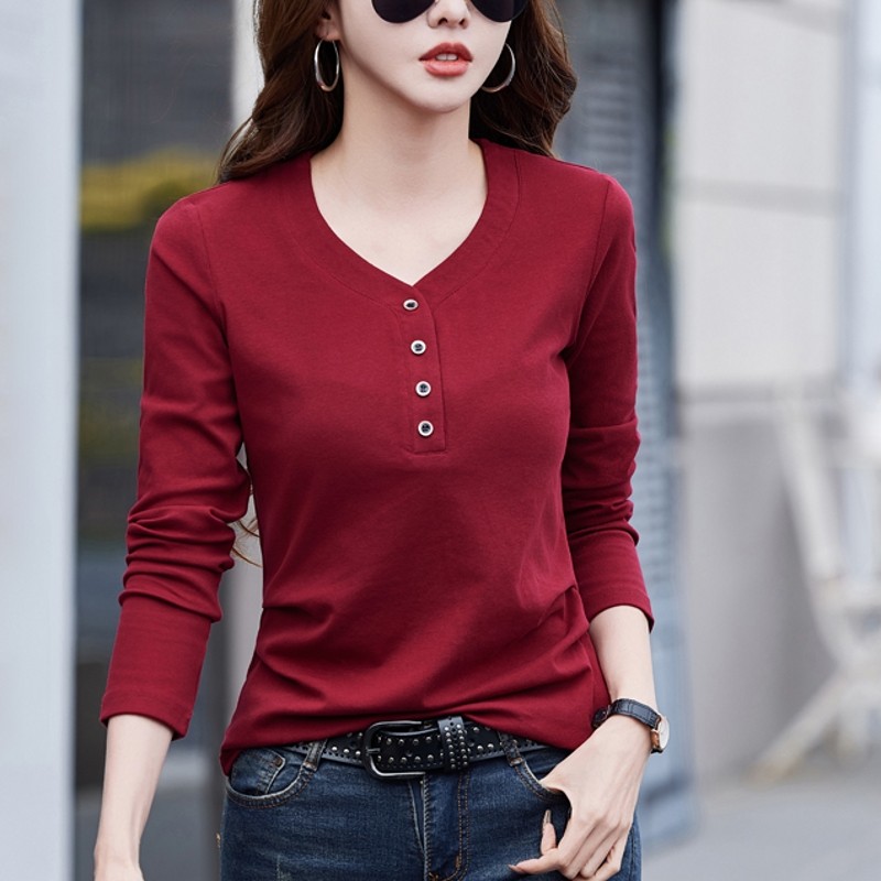 纯棉长袖t恤女外穿春秋新款宽松v领体恤纽扣收腰高级感打底衫上衣