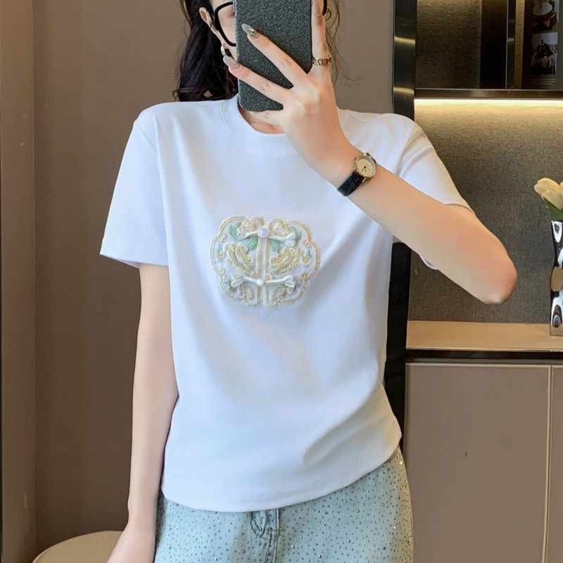 新中式国风刺绣短袖t恤女夏装2026新款宽松纯棉体恤盘扣半袖上衣