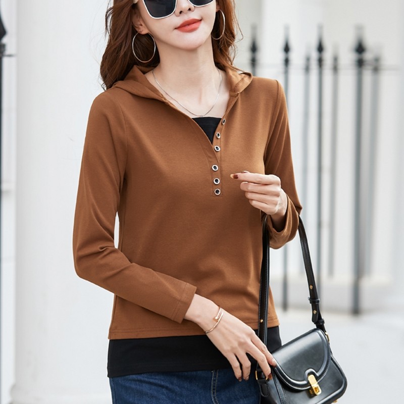 纯棉连帽假两件长袖t恤女2025新款春秋款遮肚子宽松休闲卫衣上衣